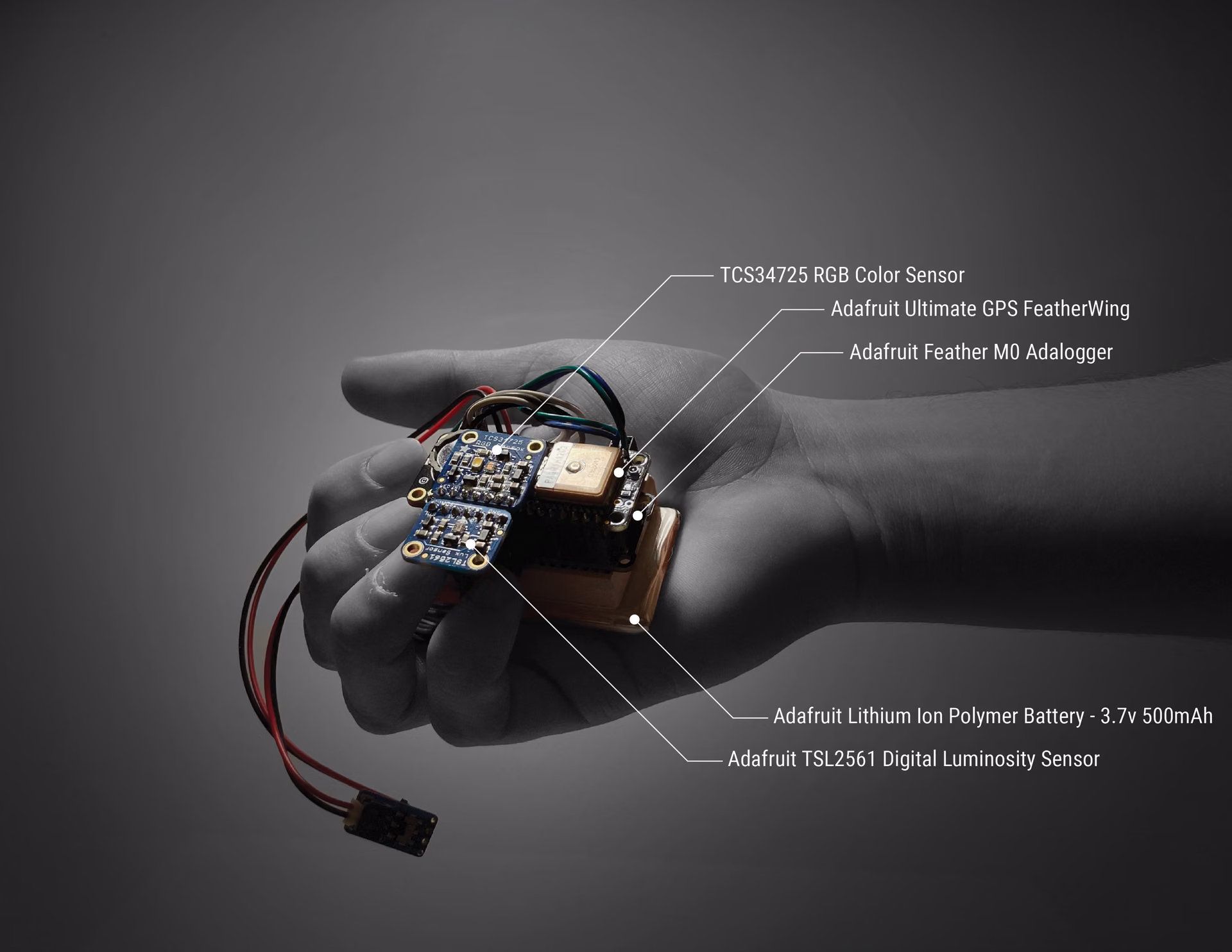 A sensing kit in hand, with each Adafruit component labelled